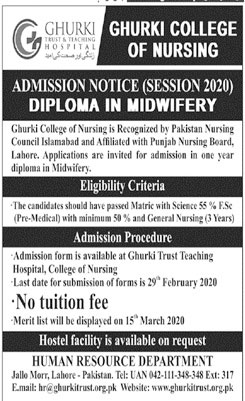 Ghurki College Of Nursing Lahore Admission 