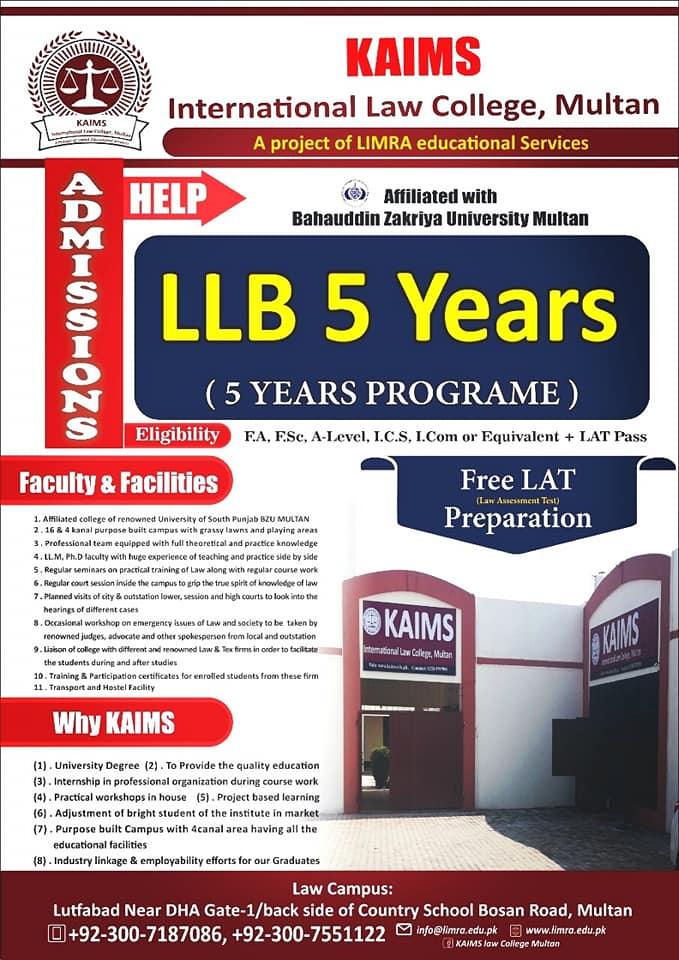 Kaims Law College Multan Admission 2020 LLB 5 Years
