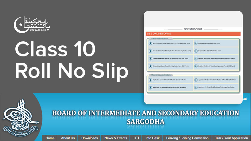 BISE Sargodha Board 10th Class Roll Number Slip 2024