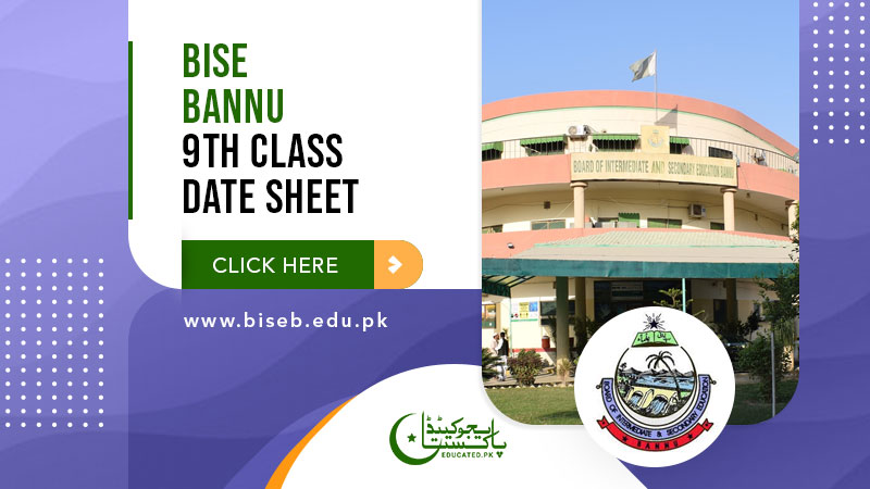 BISE Bannu Board 9th Class Date Sheet 2024