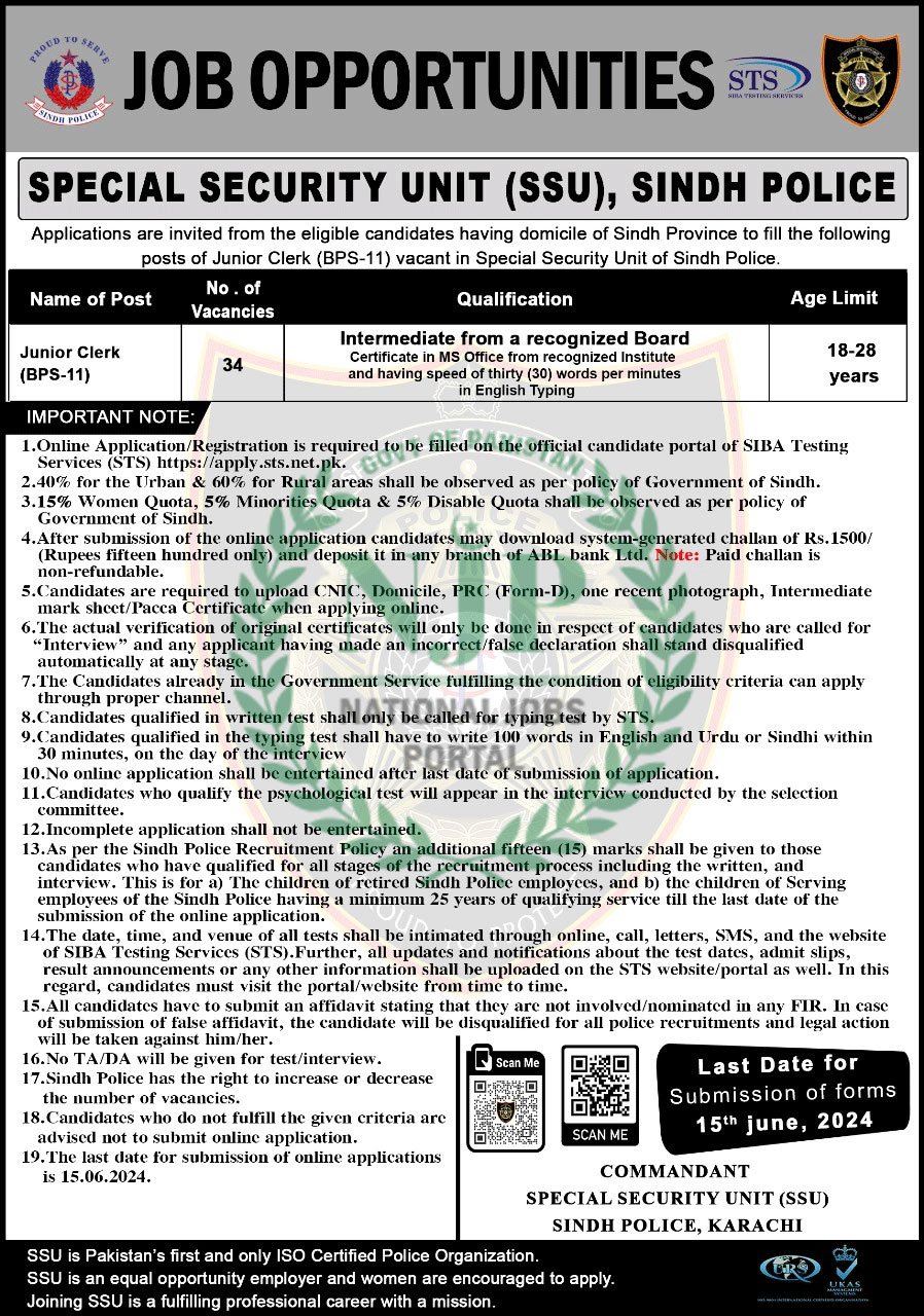 Special Security Unit SSU Sindh Police Jobs Advancement