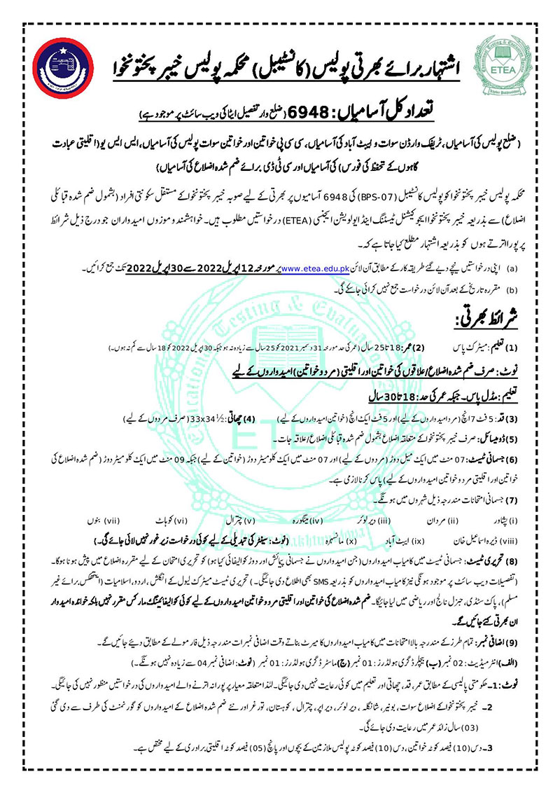 ETEA KPK Police Jobs 2024 