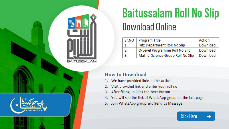 Jamia Baitussalam Roll No Slip how to Download