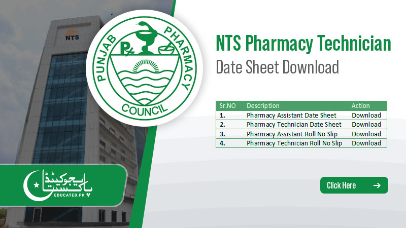 NTS Pharmacy Technician Date Sheet Roll No Slip