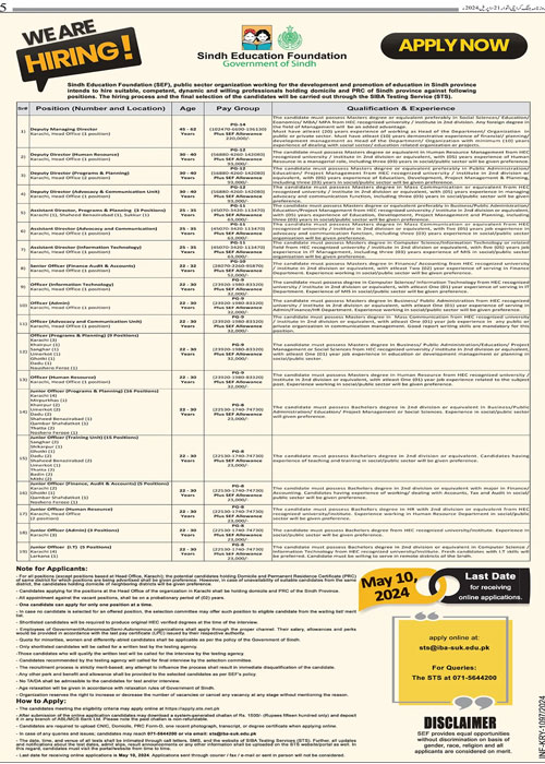 Sindh Education Foundation SEF Jobs 2024 Apply Online