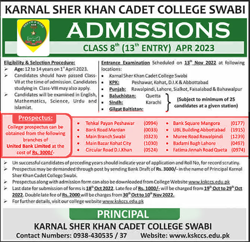 Karnal Sher Khan Cadet College KSKCCS Swabi Matric Admission 2024