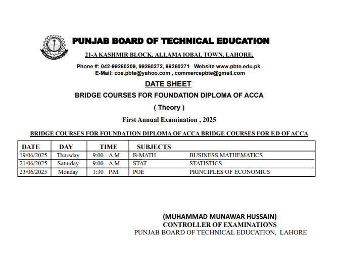 PBTE Date Sheet ACCA Diploma