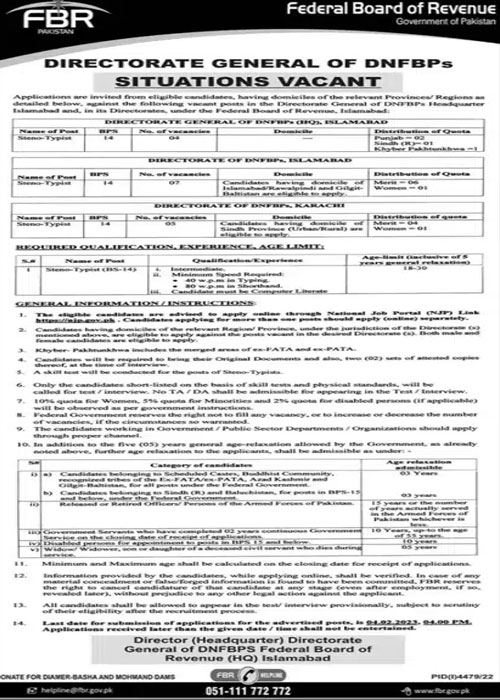 Federal Board of Revenue Jobs Advertisement 2024