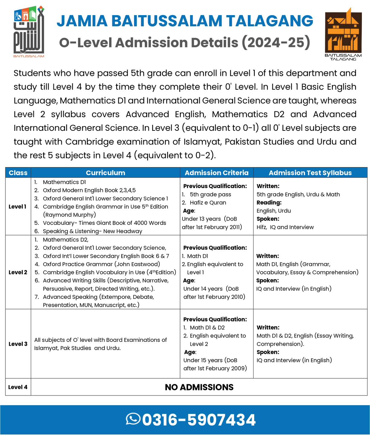 Jamia Baitussalam Talagang Campus Registration Form O-Level