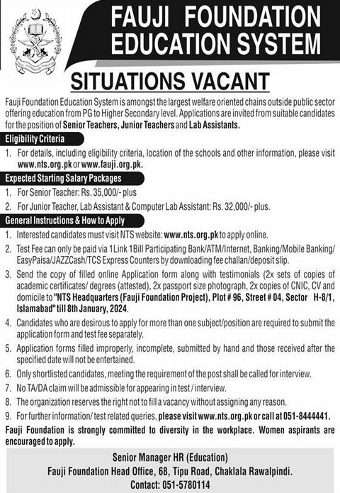 Fauji Foundation Jobs Advertisement 2024 