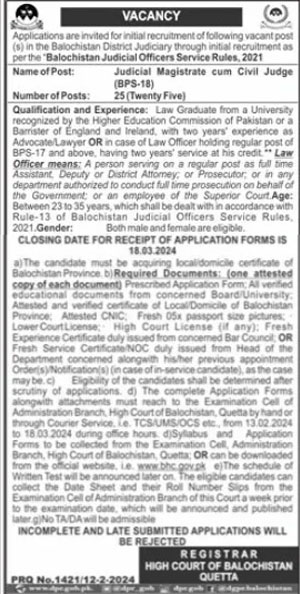 Balochistan High Court Jobs Advertisement 2024