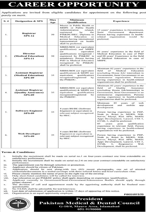 Pakistan Medical Dental Council Jobs Advertisement 2024