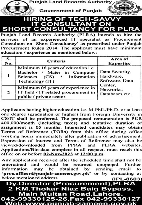 Punjab Land Records Authority PLRA Jobs Advertisement 2024 
