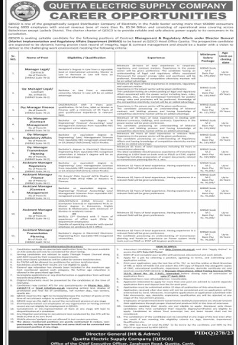 Quetta Electric Supply Company Jobs Advertisement 2024 