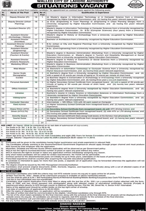 Walled City of Lahore Authority WCLA Jobs Advertisement 2024 