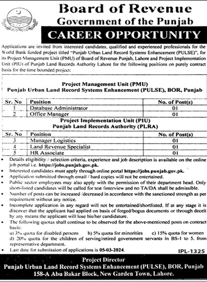 Board of Revenue Punjab Jobs Advertisement 2024