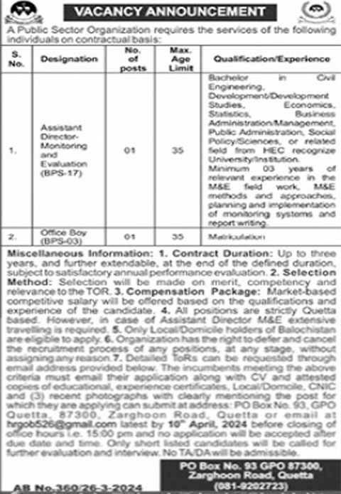 PO Box No 93 GPO Quetta Jobs Advertisement 2024