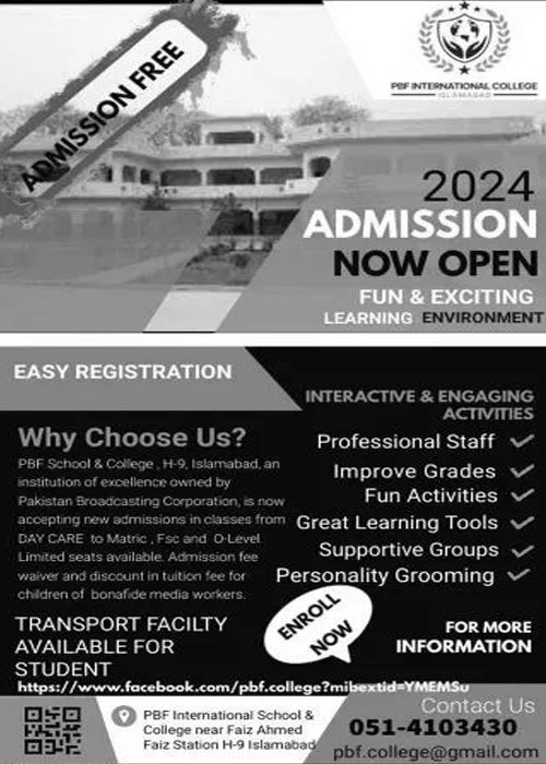 PBF International College for Boys & Girls Islamabad Admission 2024