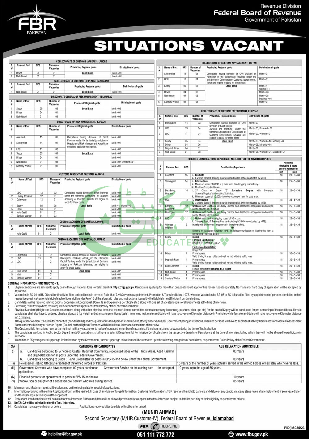 FBR Jobs 2024 in Pakistan Advertisement June
