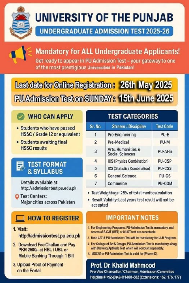 PU Admission 2025 Last Date and Test Date