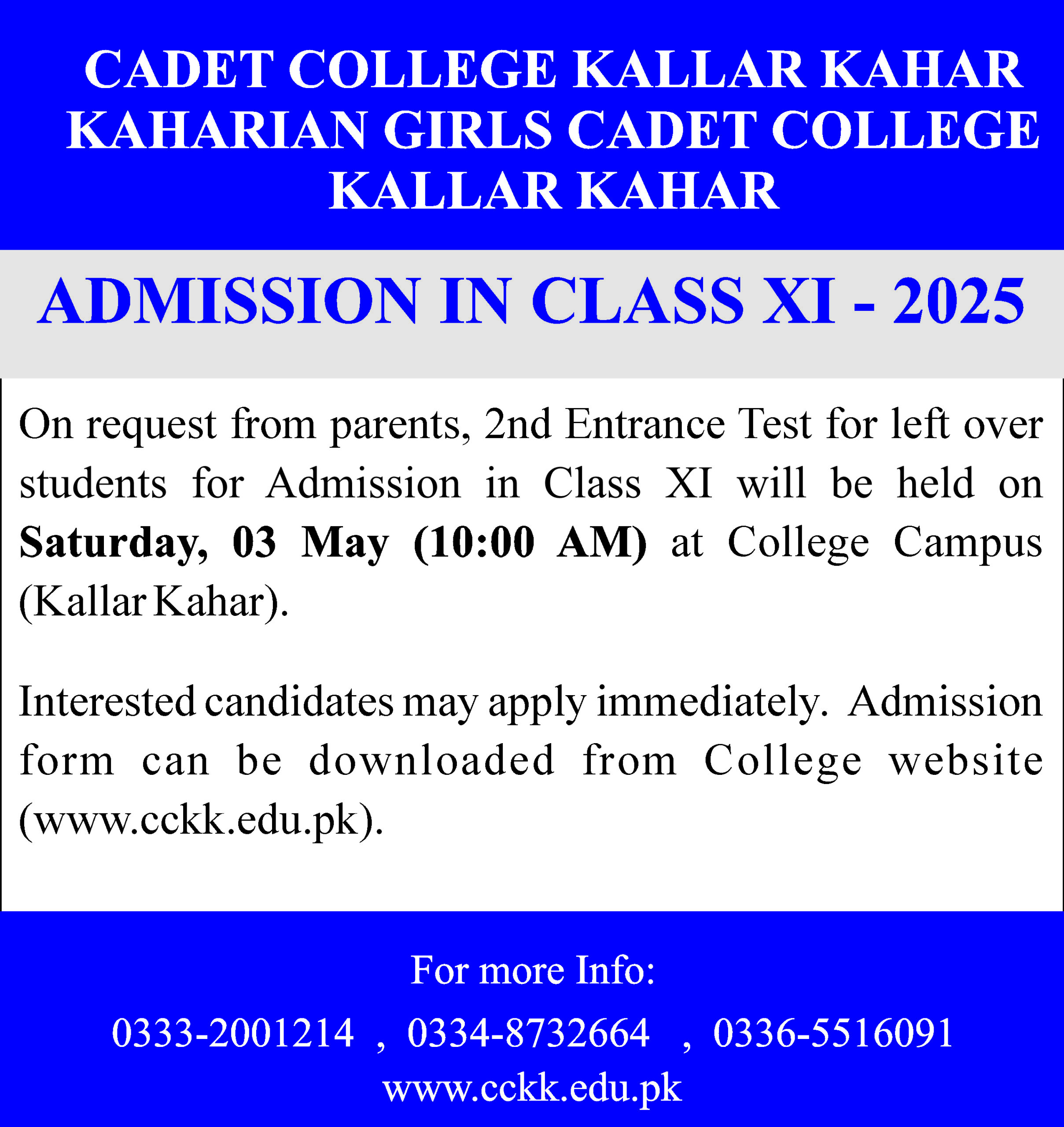 Cadet College Kallar Kahar Admission XI Class