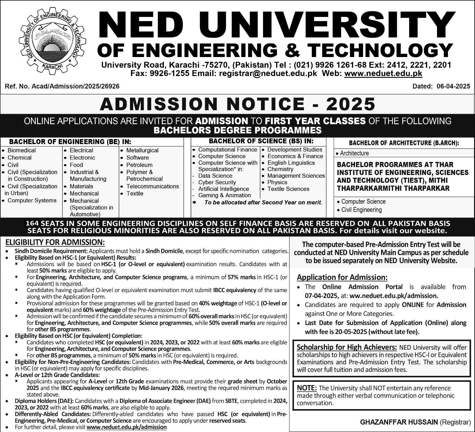 NEDUET Admission Advertisement