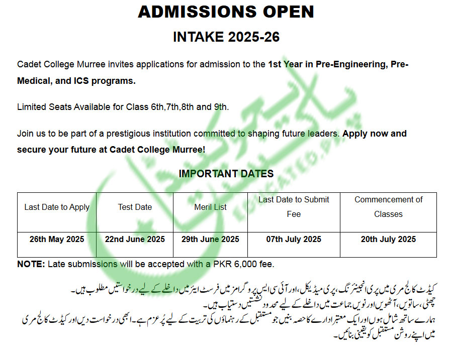 Military College Murree Entry Test Date